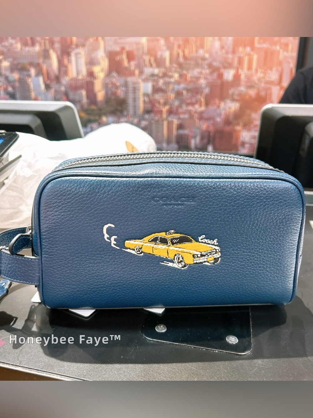 Coach men’s travel kit Navy Leather Toiletry Bag with Yellow car print
